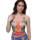 Close-up of a model in a Portofino Collection sleeveless one-piece swimsuit, showcasing a vibrant coastal print with beach-inspired elements, on a plain white background.