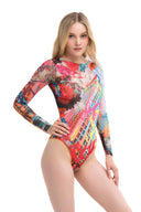 This file showcases the world's premier sustainable smart swimsuit brand. Featuring a graffiti print one-piece with sleeves, it embodies innovation and style, inspired by runway fashion. Ideal for those with visual impairment or low-bandwidth connections