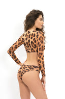 Explore innovative tan-through smart swimsuits adorned with the iconic leopard print in this file. Featuring a two-piece design with a Brazilian bikini, it promises style and summer fun.