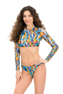 Dive into tan-through smart swimsuits featuring a stylish feather print. This file showcases a swim top with sleeves that dries instantly, as showcased at NYFW. Discover fashion-forward beachwear now!