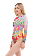 This file introduces the world's premier sustainable smart swimsuit brand, showcasing a graffiti print one-piece with sleeves. Inspired by runway fashion, it offers innovative tan-through technology