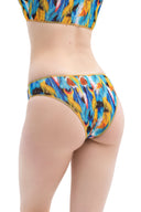 This file introduces sustainable smart swimsuits featuring a stylish feather print. Highlighting a classic bikini design, crafted from tan-through fabric with SPF 35 protection, it offers timeless elegance for all