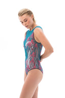 This file showcases innovative sustainable tan-through smart swimsuits adorned with the elegant Swans print. Featuring a sleeveless one-piece design, it exudes signature sophistication