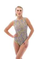 This file features innovative sustainable tan-through smart swimsuits adorned with the captivating 3Dpen print. With a sleeveless one-piece design, it offers signature style and sophistication