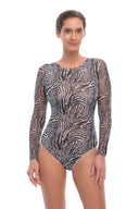 This file presents sustainable tan-through smart swimsuits adorned with a Fake Zebra print. Featuring a one-piece swimsuit design with sleeves, it exudes elegance and luxury, perfect for the season