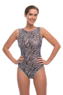 This file showcases sustainable tan-through smart swimsuits featuring a trendy Fake Zebra print. With sleeveless one-piece designs, they offer sun-safe sophistication.