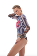 This file showcases sustainable tan-through smart swimsuits featuring a stylish Stripes print. With a one-piece swimsuit design and sleeves, it offers an artistic and high-fashion beachwear option