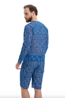 This file describes SHELLS print Men's Smart Swim Trunks Bermudas that are tan-through, innovative, and sustainable. They offer classic luxury for modest fashion. Shop now!